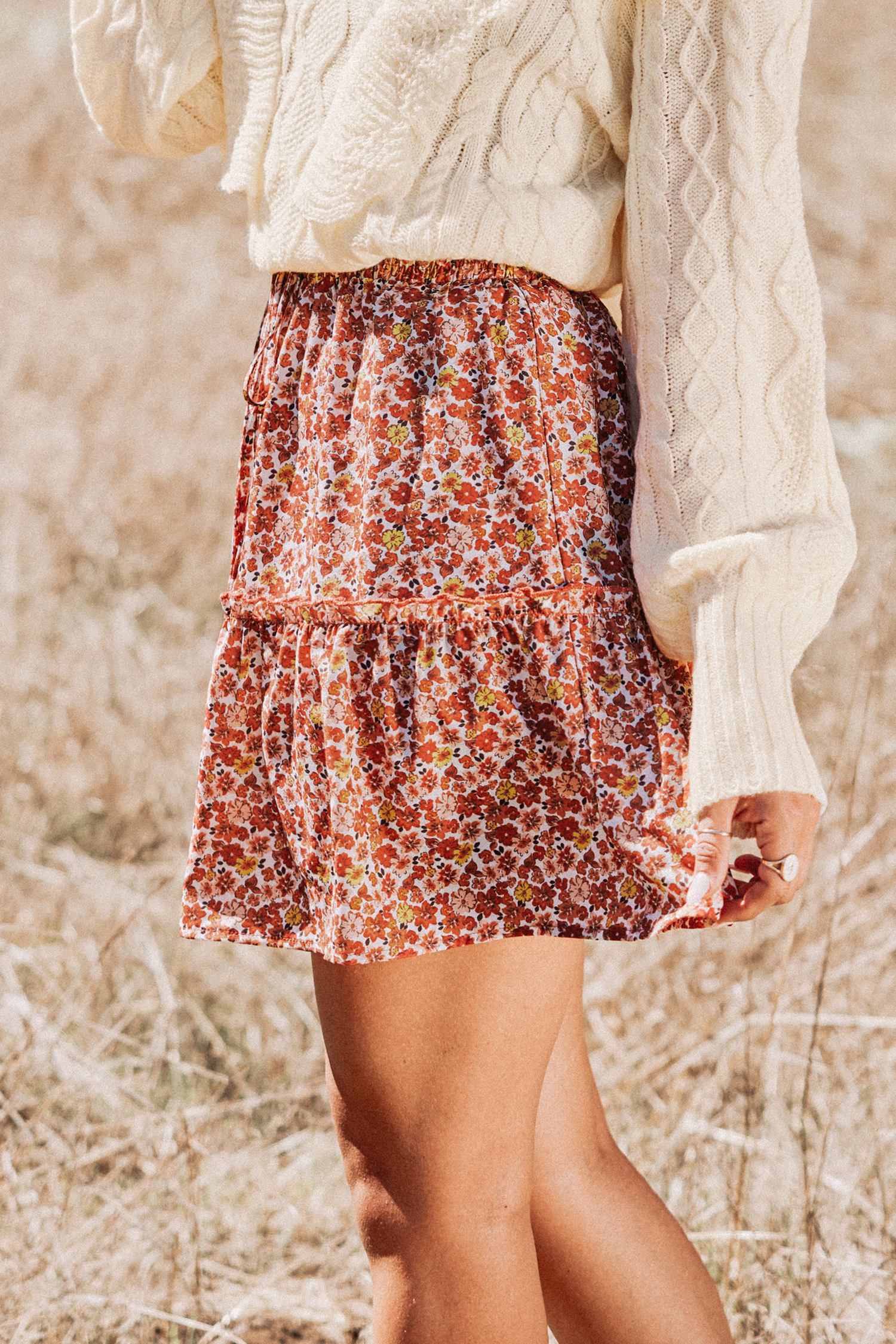 Jupe avec cordon à smocks et imprimé floral