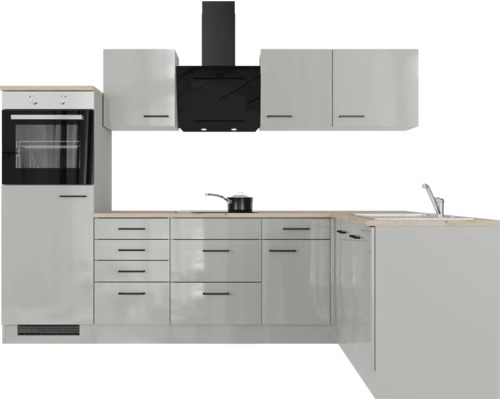 Flex Well hoekkeuken met apparatuur Lund 280 cm lichtgrijs glanzend gedemonteerd omkeerbaar
