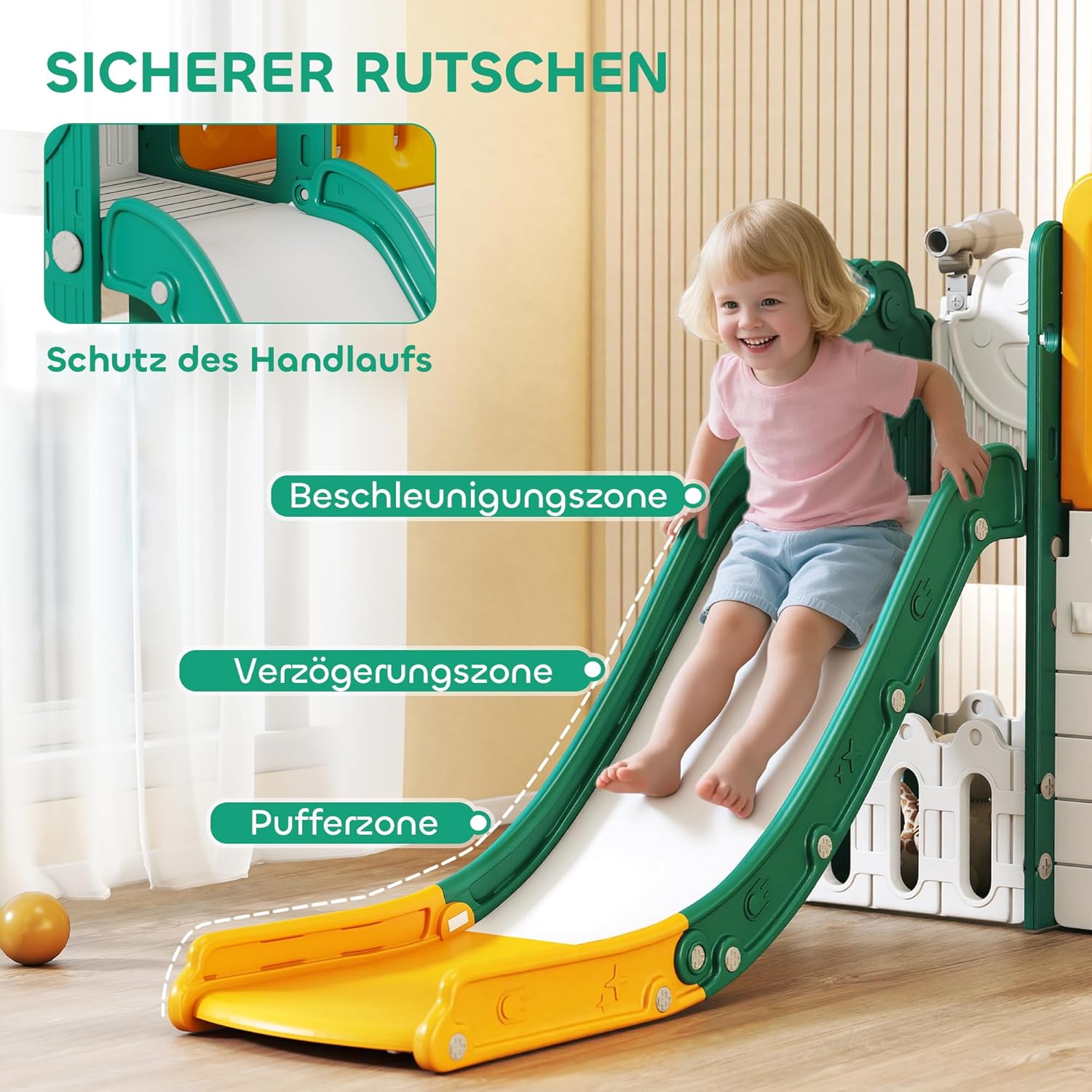 AIYAPLAY 7 in 1 Kinderrutsche mit Klettergerüst Kleinkindrutsche mit Basketballkorb, Tunnel, Teleskop, Stauraum, Spielhaus, Indoor und Outdoor Spielplatz für Kleinkinder 1-4 Jahre, Gelb+Grün