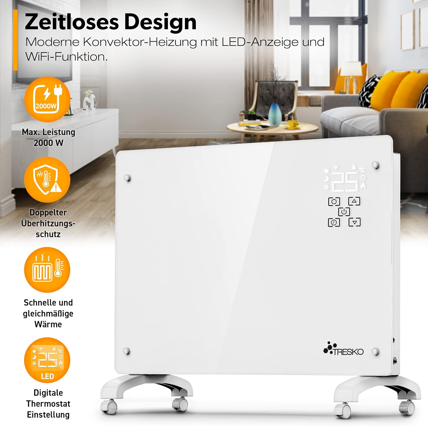 TRESKO® Glaskonvektor 2000W APP WiFi Funktion | Elektroheizung Glasheizung elektrisch | Konvektor Heizung Heizkörper LED-Display & Timer | Elektroheizkörper Stand- oder Wand Heizung