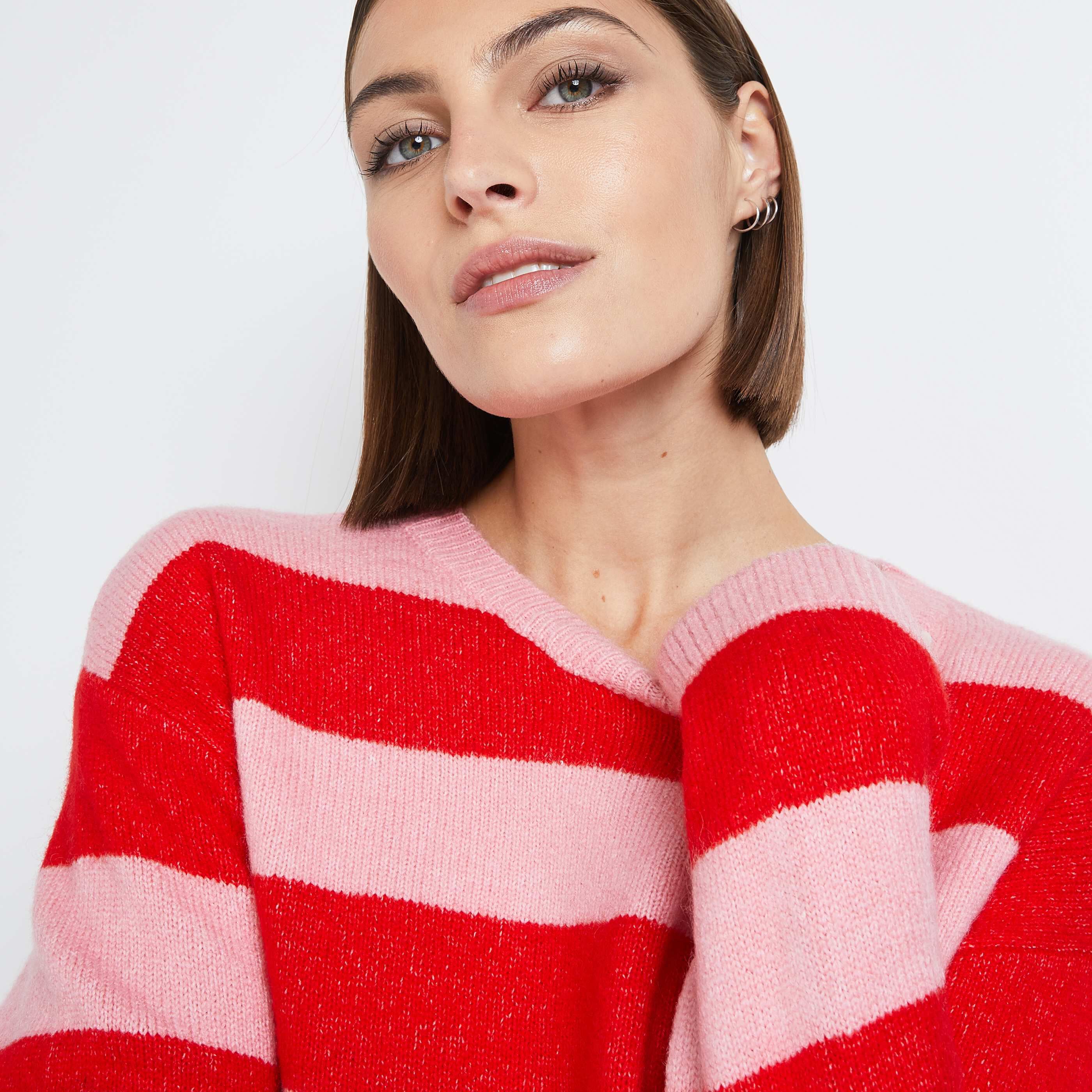 Pull Col rond à Rayures femme - ROUGE