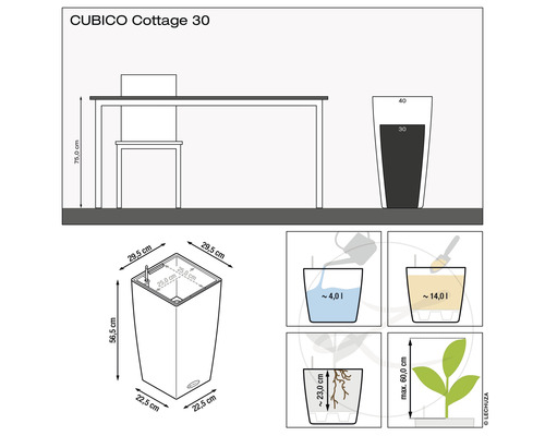 Lechuza Cubico Cottage plantenbak, kunststof, 30 x 30 cm (L x B x H), grijs, inclusief zelfbewateringssysteem en waterniveau-indicator