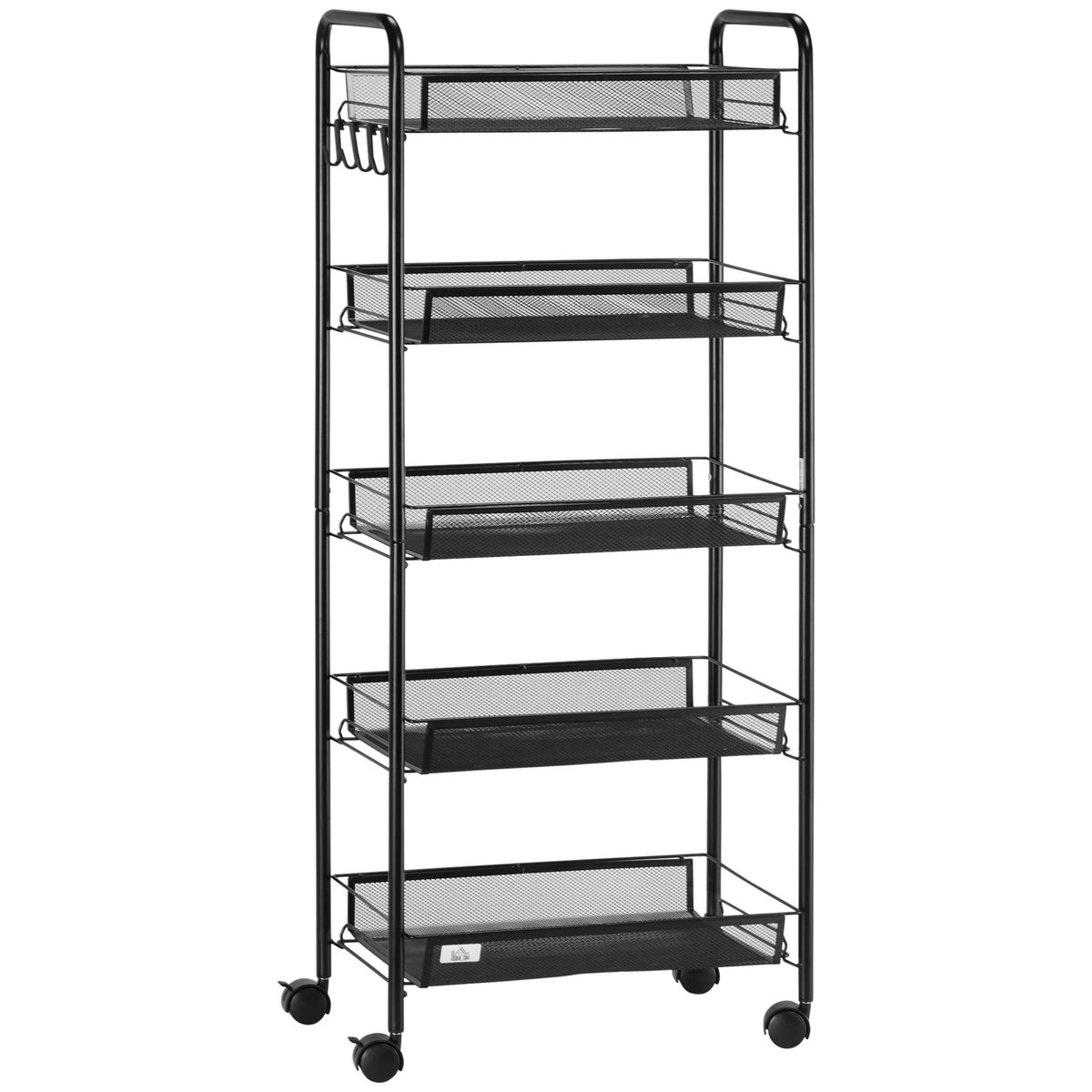 HOMCOM Rolwagen, Serveerwagen met 4 Planken, 5 Manden, Opbergwagen met Handvat, Keukenwagen voor Keuken, Woonkamer, Staal, Zwart