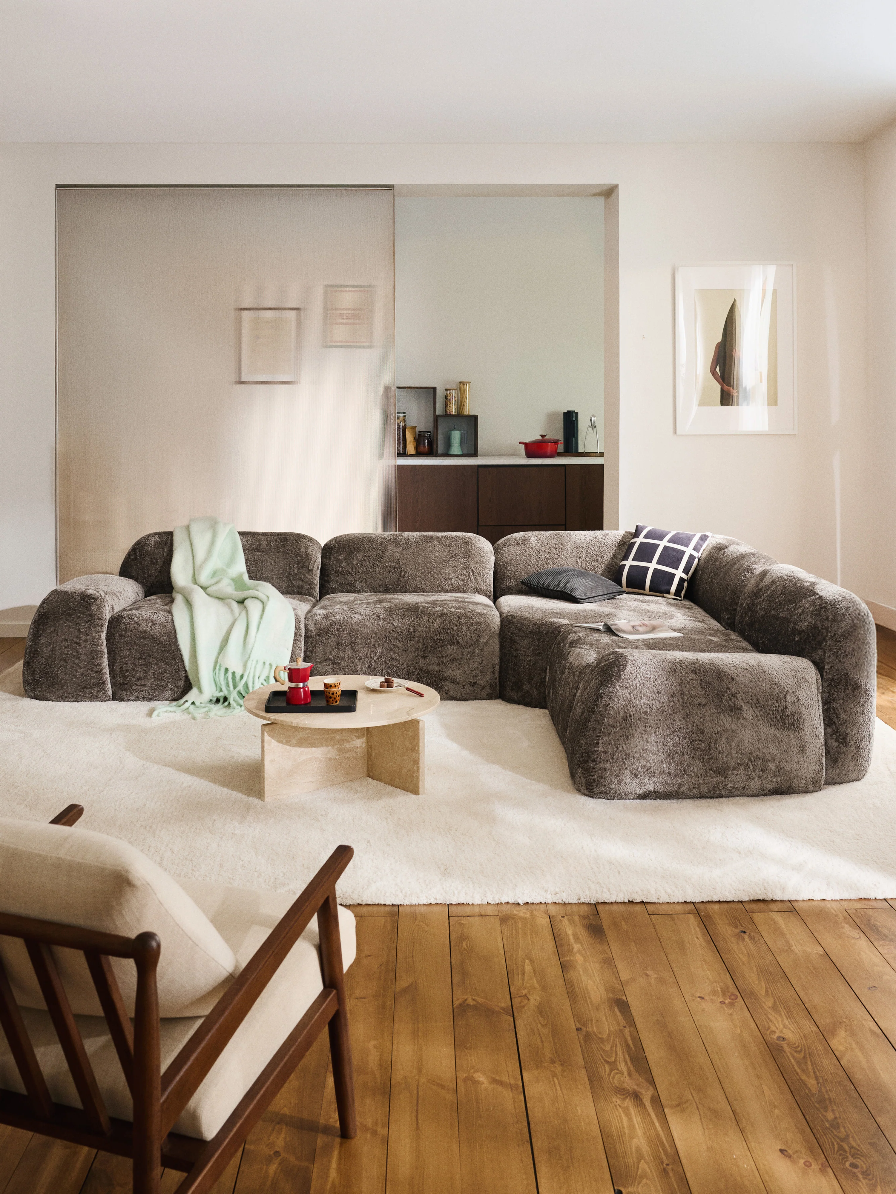 Modulaire hoekbank Wolke (4-zits) van teddy-bouclé