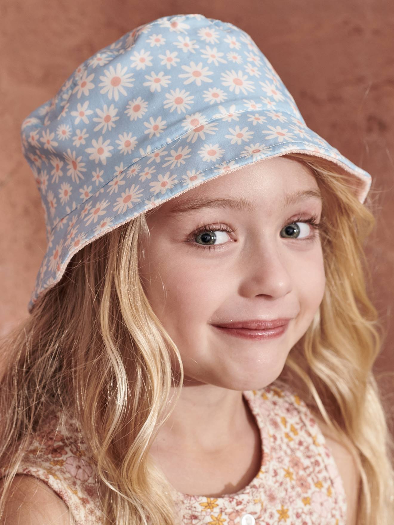 Chapéu bob reversível estampado para meninas, azul claro