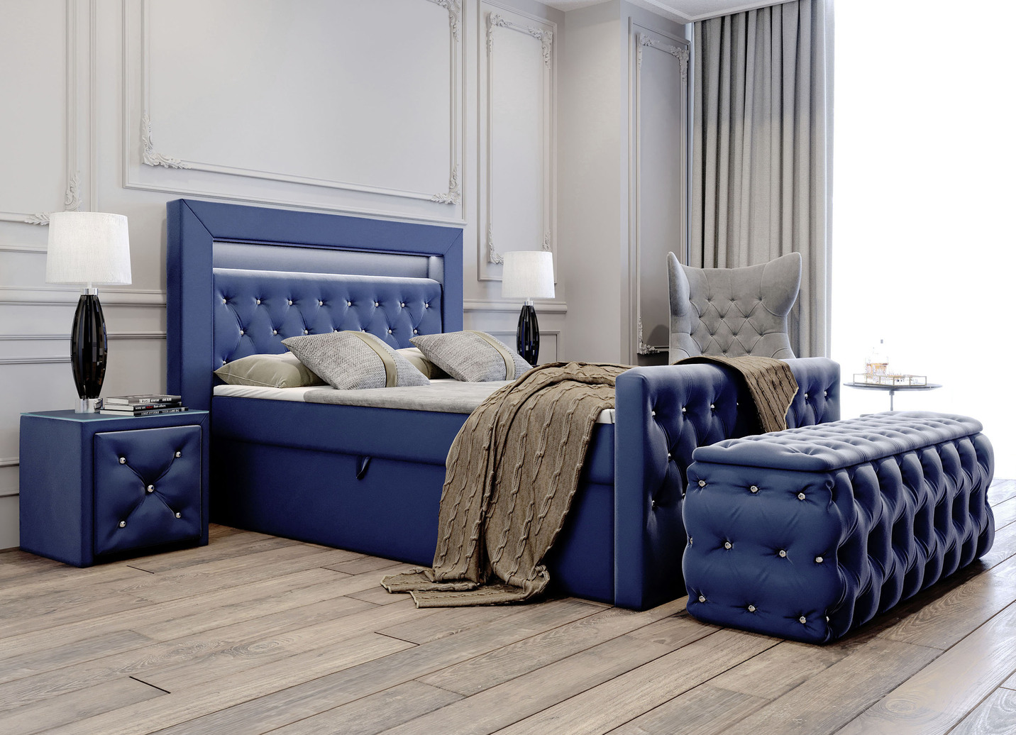 Boxspringbett mit LED-Beleuchtung, Topper und Nachttisch