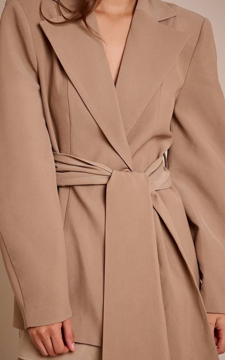 Taupe Blazer Ceinturé Taille Froncée À Enroulement