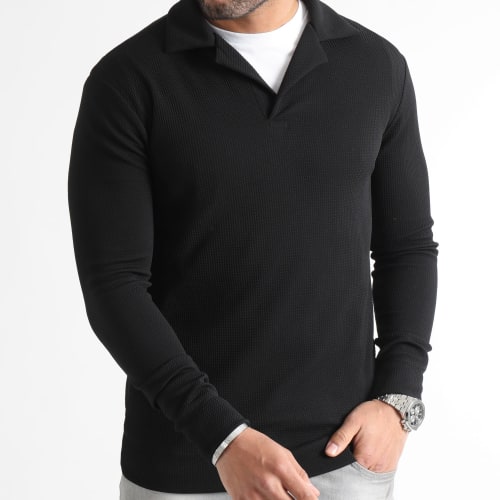 Pull Col Polo Texturé Waffle 0598 Noir