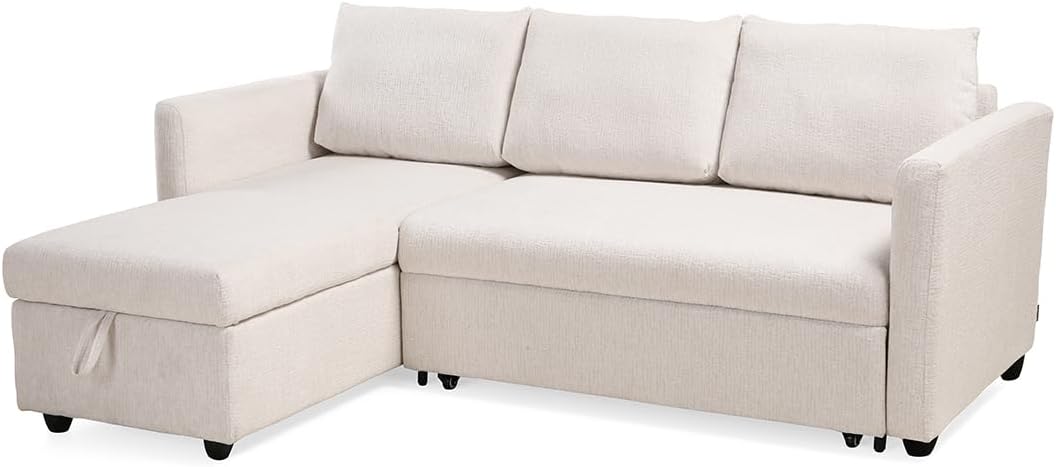 Meubletmoi Wilson Ecksofa, links, wendbar, 3-Sitzer, Länge: 210 cm, aus weichem Stoff, beige, ausziehbar, mit Kissen und integriertem Truhe, moderner Komfort und Originalität