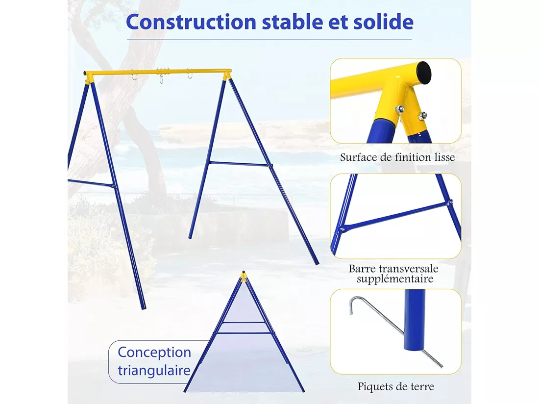 Portique de Balançoire pour Enfants en Forme de A Charge 250KG avec 2 Méthodes de Fixation Piquets d'Ancrage 194x180x180cm