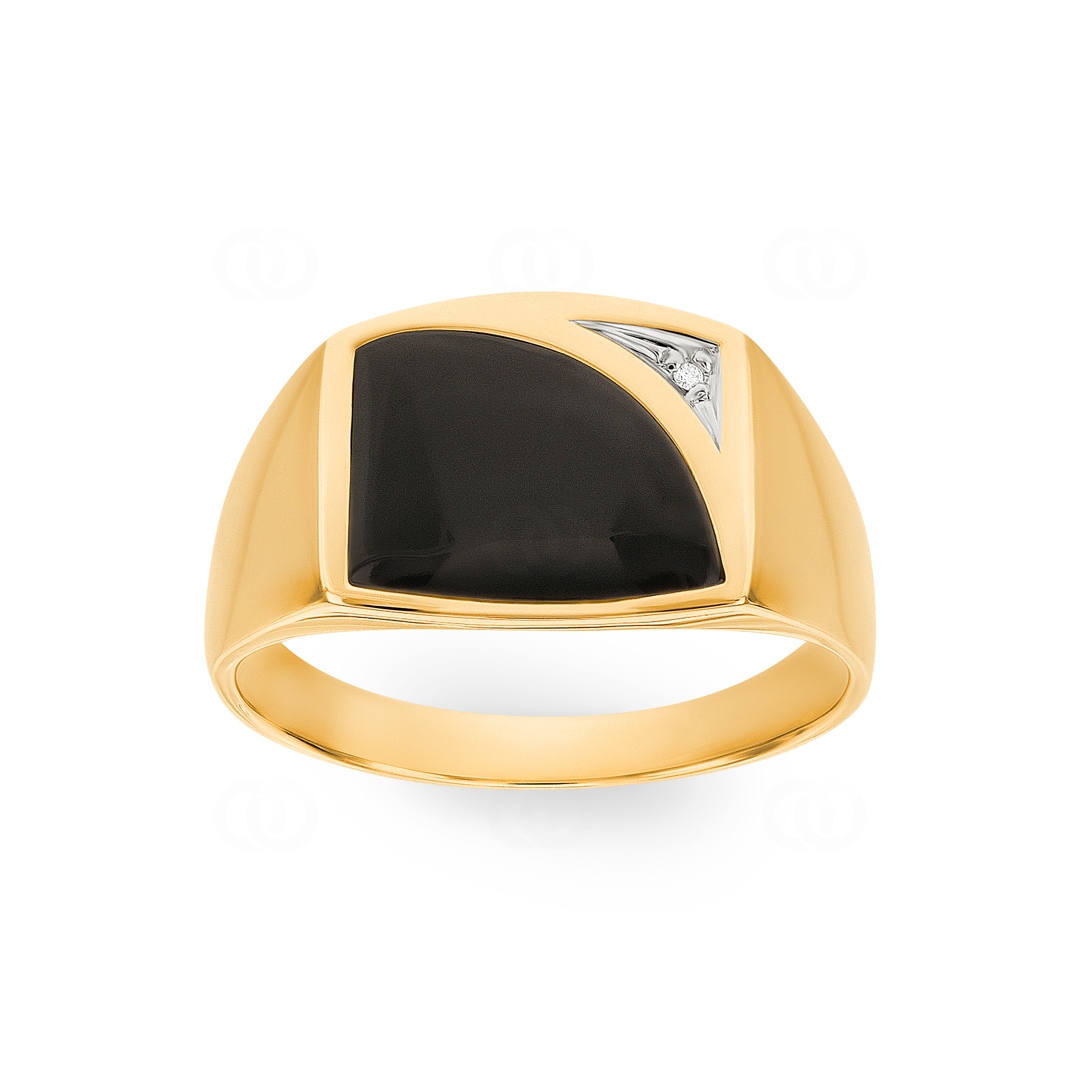 Herrenring 750/18 K Gelbgold mit Onyx und Diamant 0.005 ct H/si
