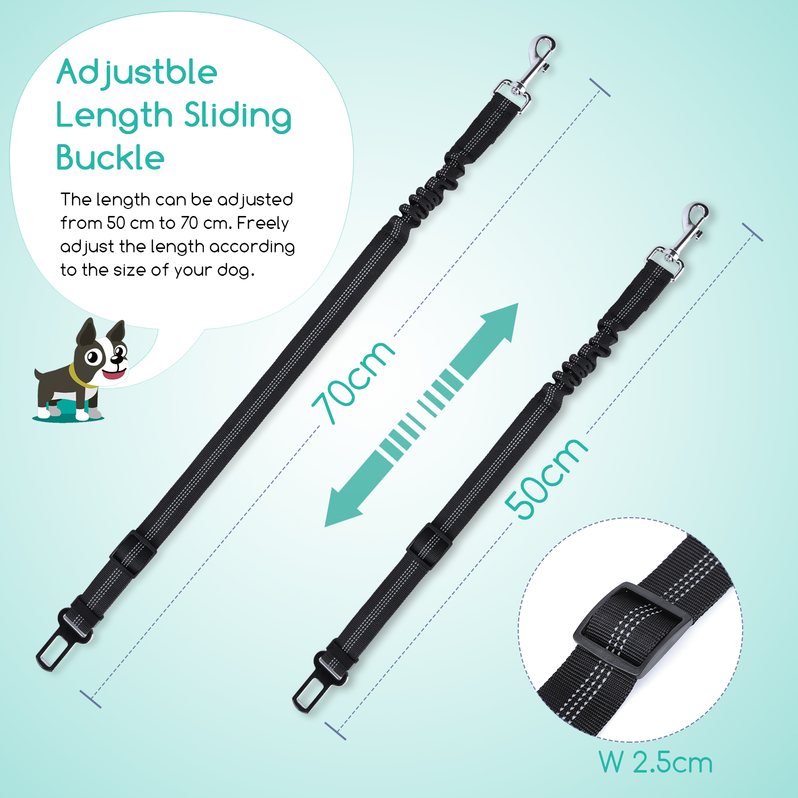 Nobleza - Cinto de Segurança Automotiva para Cães, Arnês para Cães com Mosquetão Elástico e Resistente, Cinto de Segurança Automotiva Universal Ajustável em Nylon para Cães, Pacote com 2 unidades, 50-70cm, Preto
