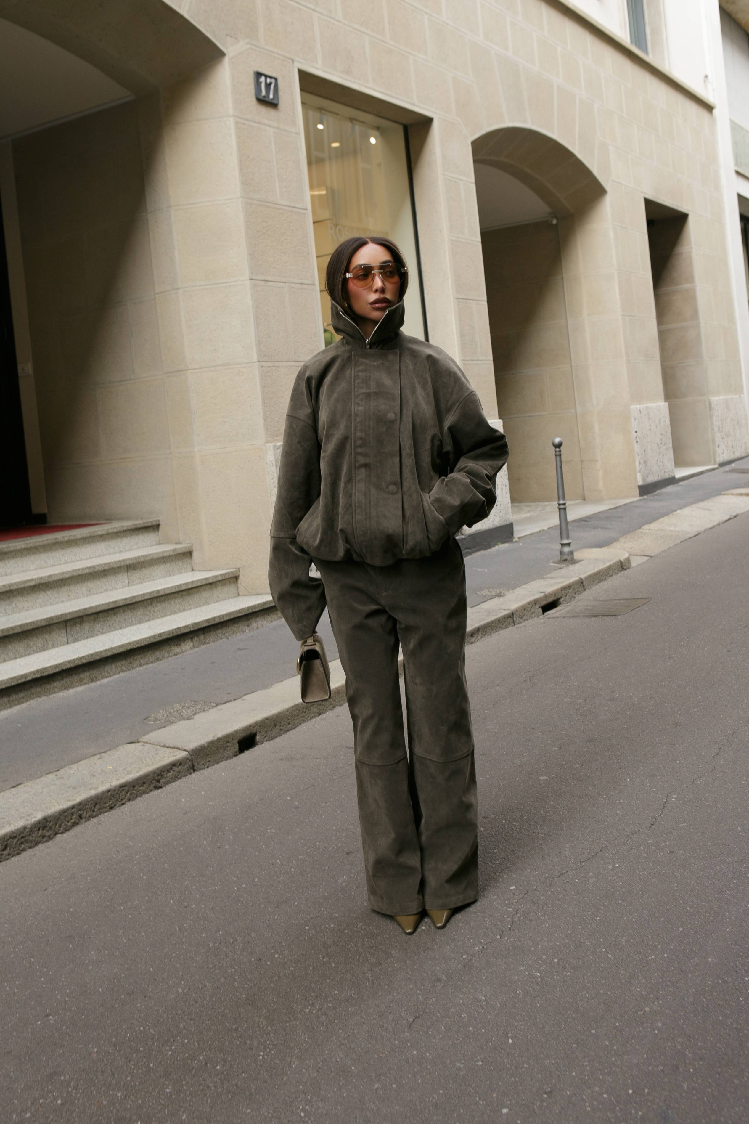 Kaki Pantalon Droit En Synthétique