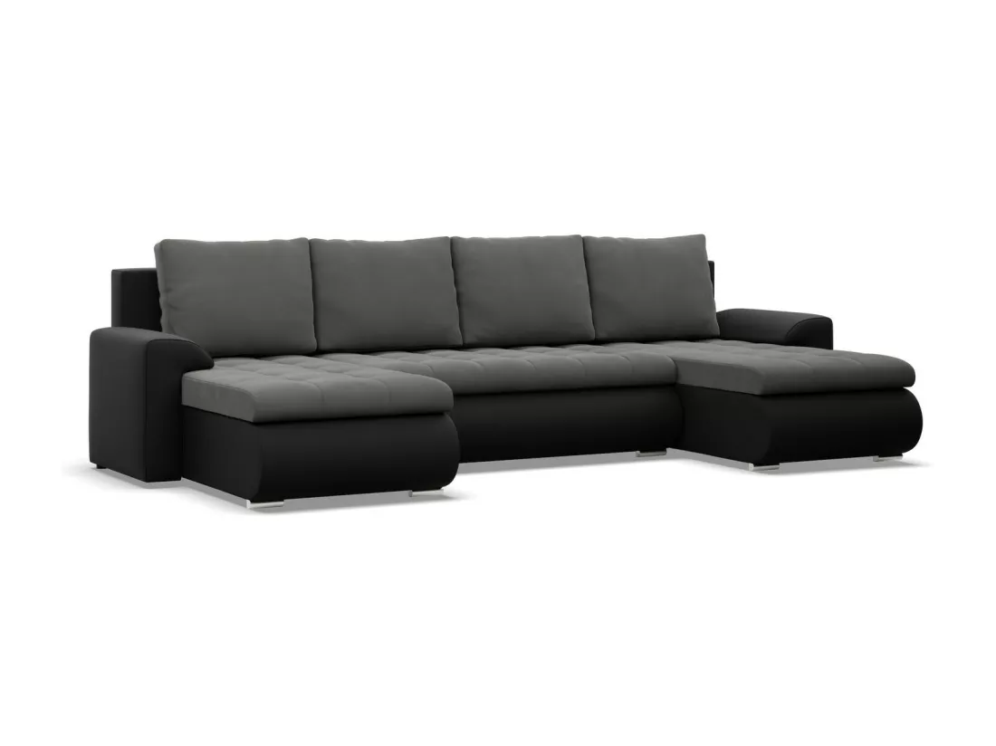 Canapé d'angle en U avec fonction sommeil, 2 méridiennes, Gris foncé + Noir