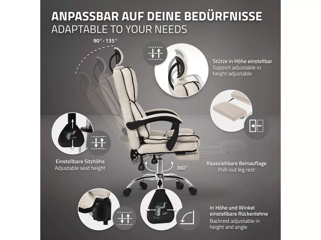 ML-Design Chaise de Bureau Ergonomique, Beige, Réglable en Hauteur avec Dossier Haut