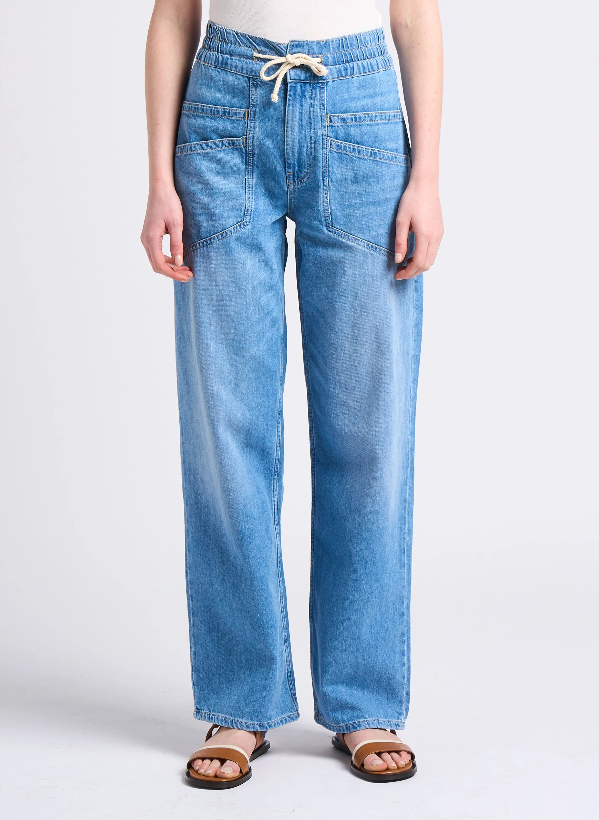MIMA - Pantalon large taille haute en coton | Bleu