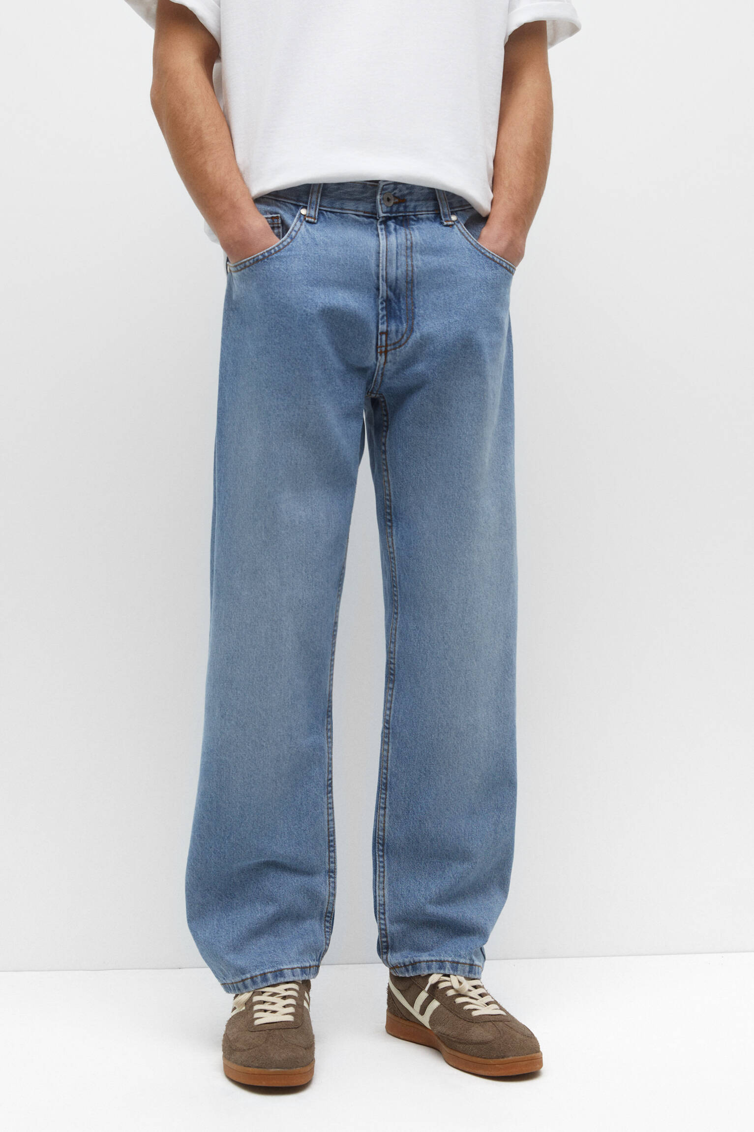 CALÇA JEANS DE ALGODÃO DE PERNA LARGA - AZUL CLARO