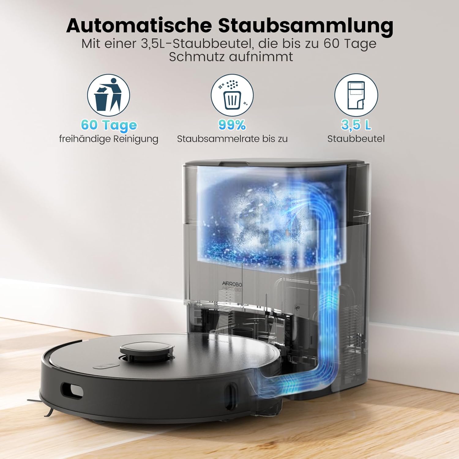 AIRROBO T20 Robot Aspirateur Laveur, Aspirateur Robot avec 3.5 L Station et Navigation LiDAR Cartographie 180min Autonomie pour Poil Animaux, Cheveux, Poussière et Moquettes, APP Télécommande Contrôle