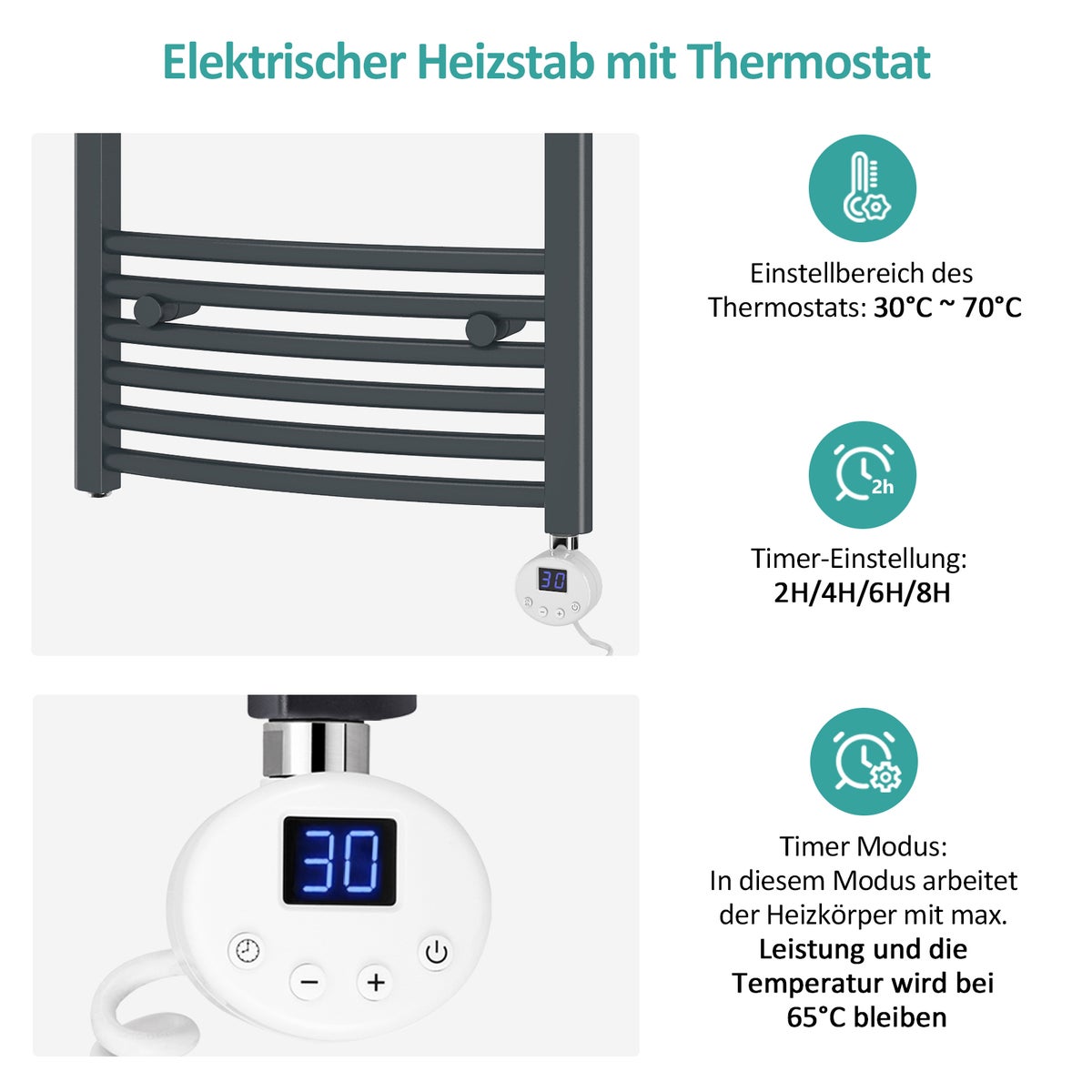 EMKE Elektrische Badkamerradiator, Gebogen, met Thermostaat, Handdoekwarmer met Verwarmingselement, Antraciet, 140x40cm, 479W