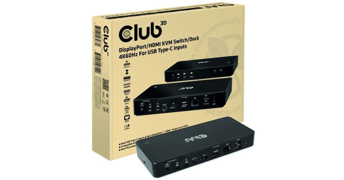 Club 3DDisplayPort/HDMI Dock 4K60Hz dockingstation  (Zwart, met KVM-functionaliteit)