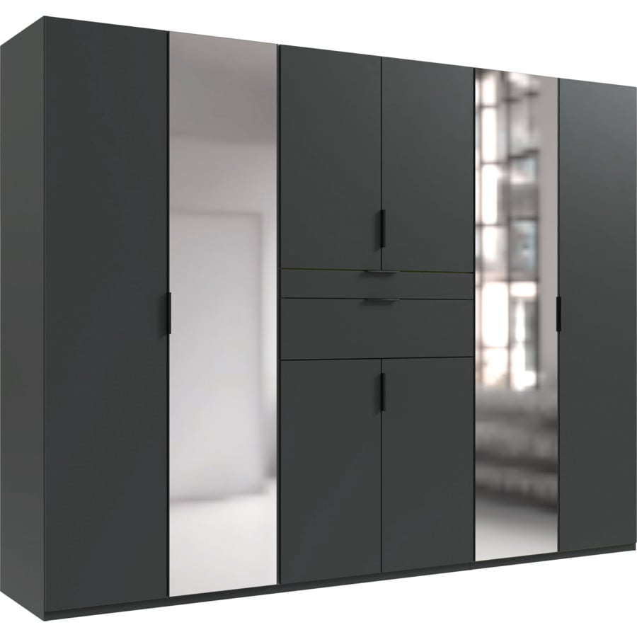 Drehtürenschrank Eliana, Dekor Graphit und Plankeneiche, 270 x 208 x 58 cm, mit Spiegel