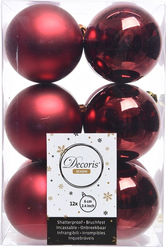 12 stuks Kerstbal plastic glans-mat/60mm/ossenbloed