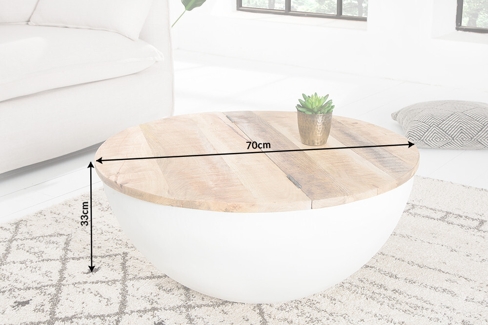 Upcycling Design Couchtisch INDUSTRIAL STORAGE 70cm weiß Mangoholz handmade