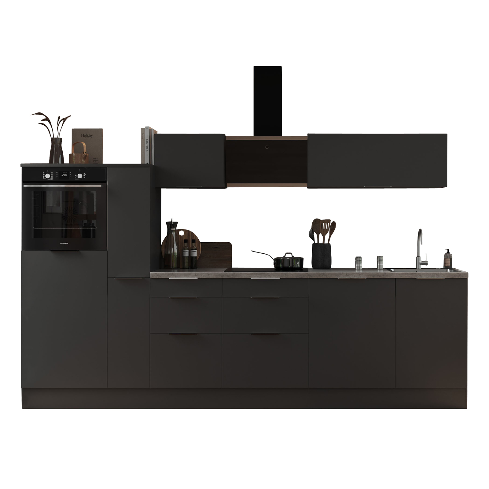 RESPEKTA Küchenblock - grau matt - mit E-Geräten - 310 cm