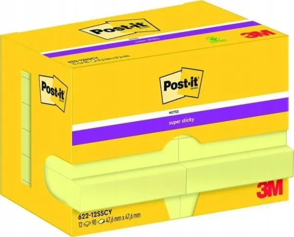 Post-it® Super Sticky Notes Canary Yellow, gul, 12 blokke, 47,6 mm x 47,6 mm