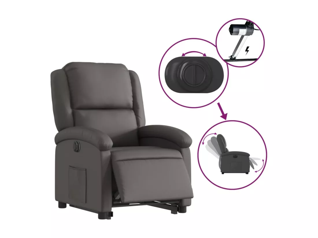 Fauteuil inclinable électrique gris cuir véritable