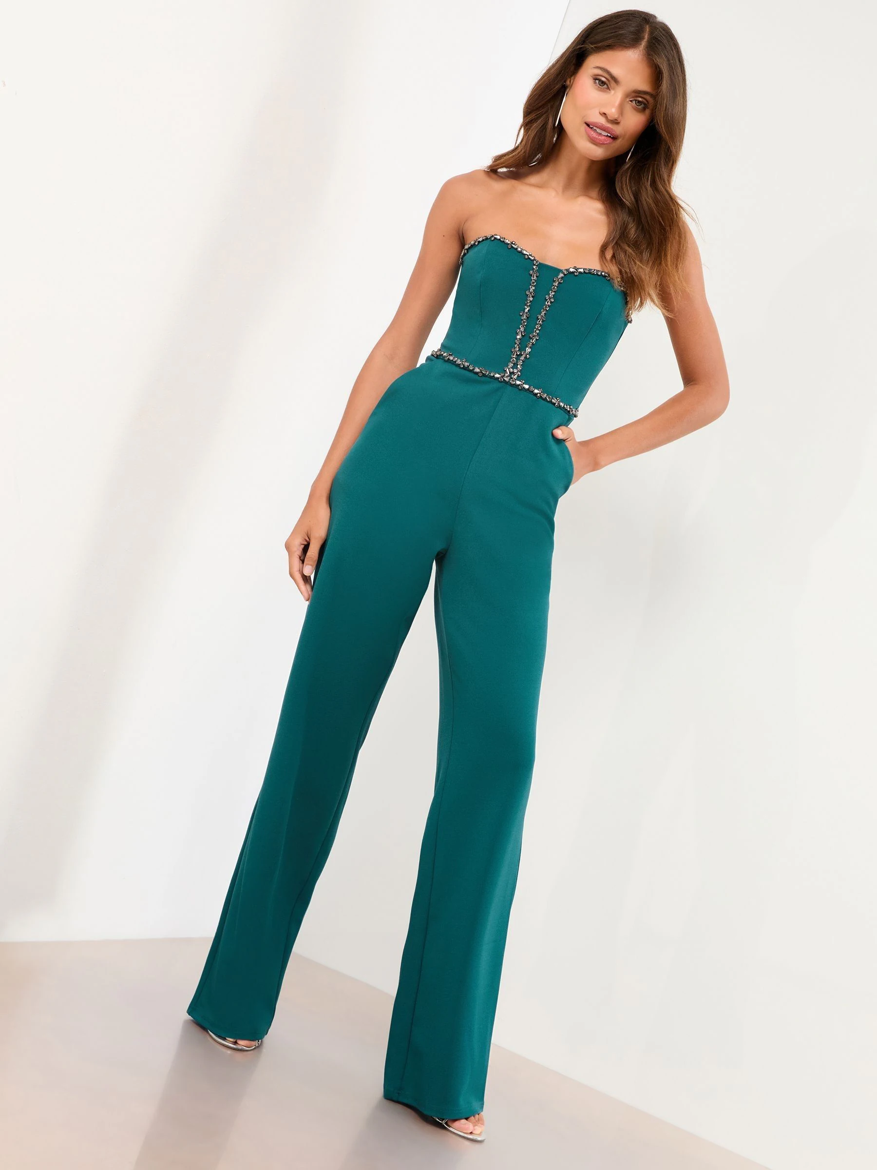 Lipsy Embellished Crystal Trim Bandeau Jumpsuit