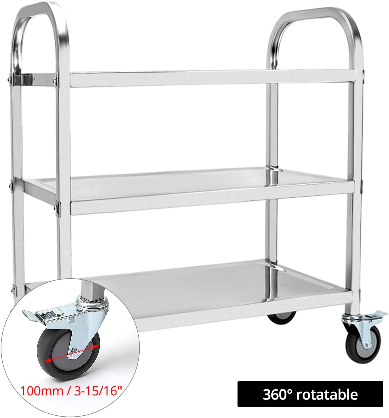 QWORK® 3-Etagen Edelstahl Servierwagen Teewagen Reinigungswagen - 95 x 50 x 95 cm - Leise Räder mit Bremsen