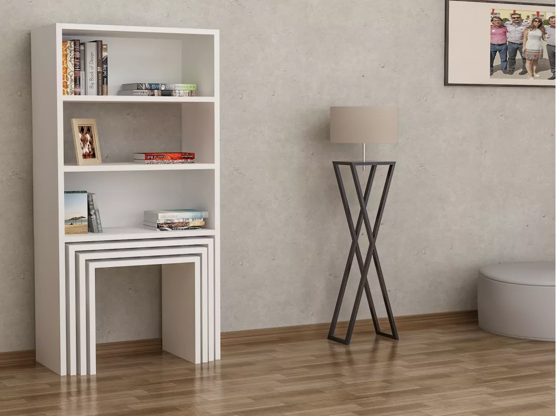 Bibliothèque Mélo à 3 étagères avec Tables Gigognes Incluses (Blanc)