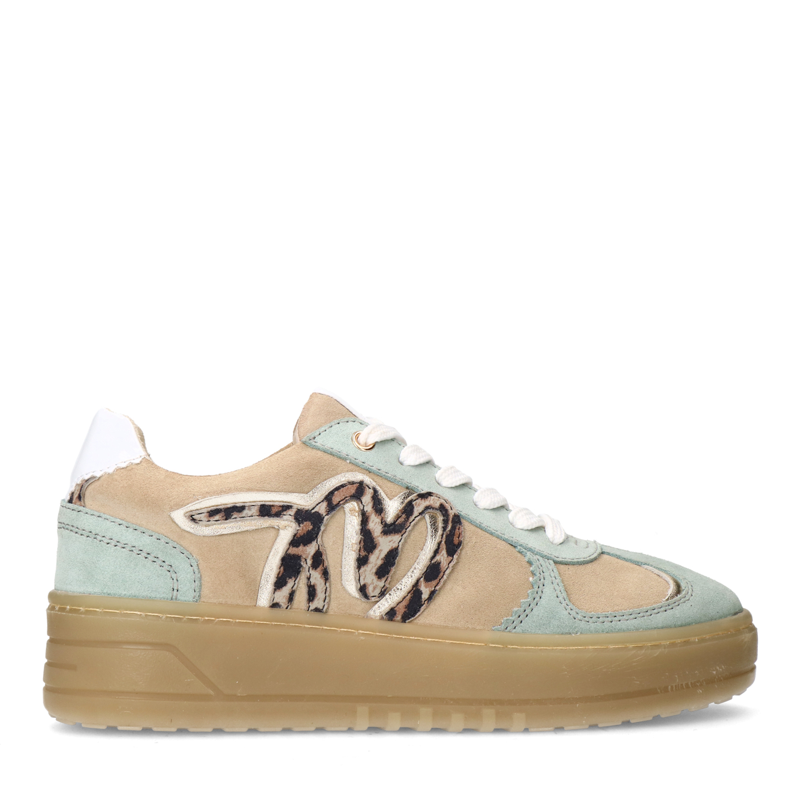 Beige suède sneakers met mint groene details