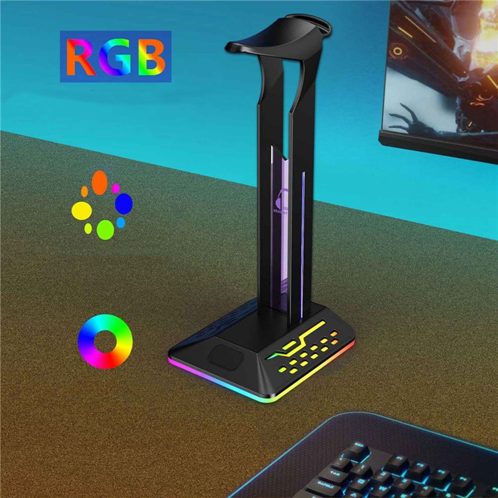 Gaming Kopfhörer Halterung Ständer für Over-Ear Headset mit 2x USB A Anschluss   RGB Beleuchtung - Schwarz