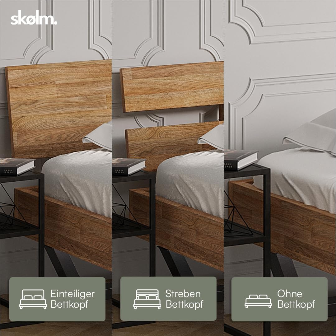 skølm Alver Massivholzbett 140x200 cm – Bettgestell aus Massivholz Eiche geölt – Holzbett mit schwarzen Metallkufen – hochwertiges Bett mit 2 Streben als Bettkopf – Bettrahmen geeignet als Doppelbett