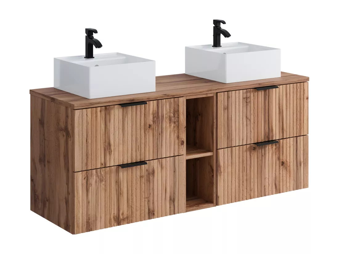 Meuble de salle de bain suspendu strié avec niches et double vasque à poser ronde - Naturel clair - L140 cm - ZEVARA