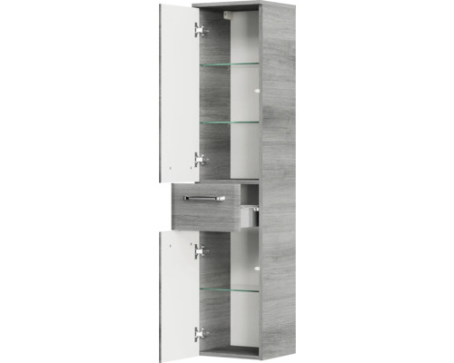 Pelipal Quickset 328 badkamermeubelset (B x H x D 175 x 200 x 39 cm), grafiet getextureerde fronten (horizontaal patroon), met witte glazen wastafel, hoge kast, onderkast en bovenkast (328.120009)