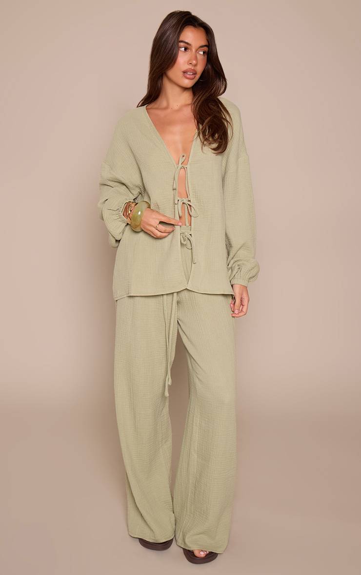 Vert Sauge Ensemble Chemise Texturée En Étamine À Nouer Devant