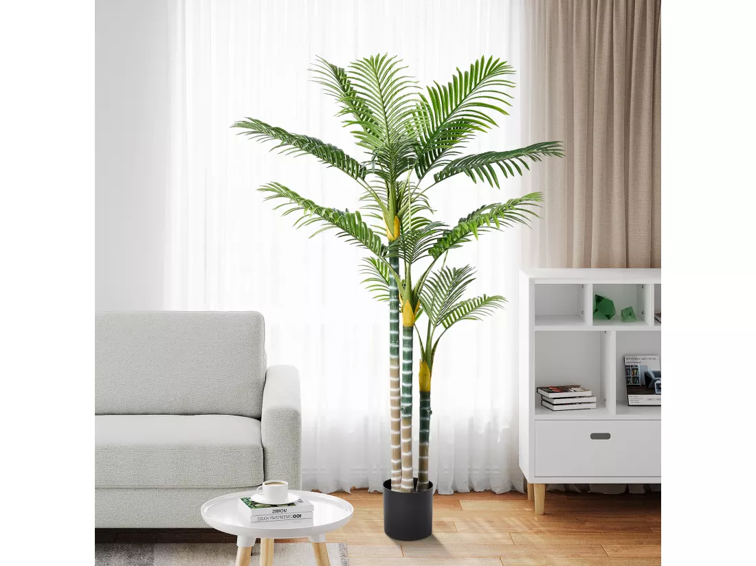 Plante Artificielle Extérieur avec pot, Arbre palmier 180cm, 3 tronc et 18 feuilles, Decoration Salon Chambre Balcon Cour Jardin Bureau