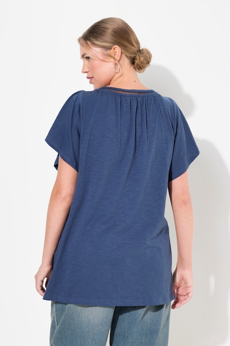 T-Shirt, Zierlitze, Tunika-Ausschnitt, Flügel-Halbarm