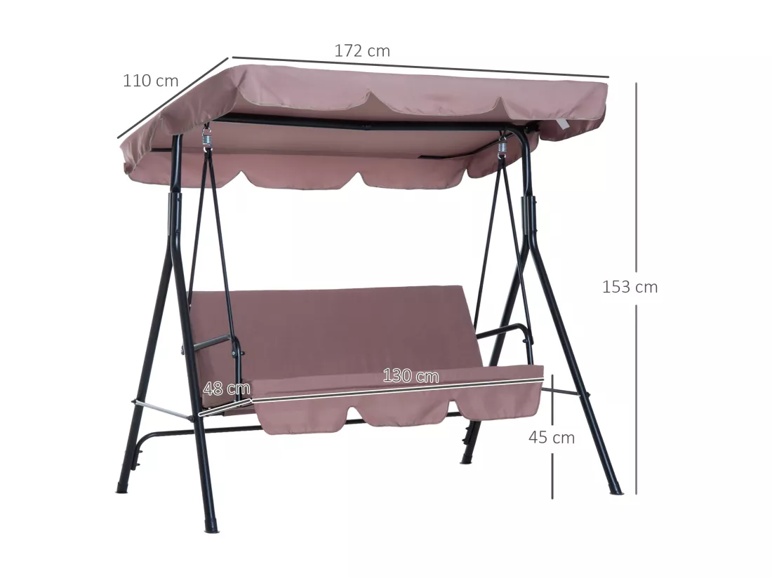 Balancelle de jardin 3 places toit inclinaison réglable coussins assise et dossier 1,72L x 1,1l x 1,52H m acier noir polyester marron clair