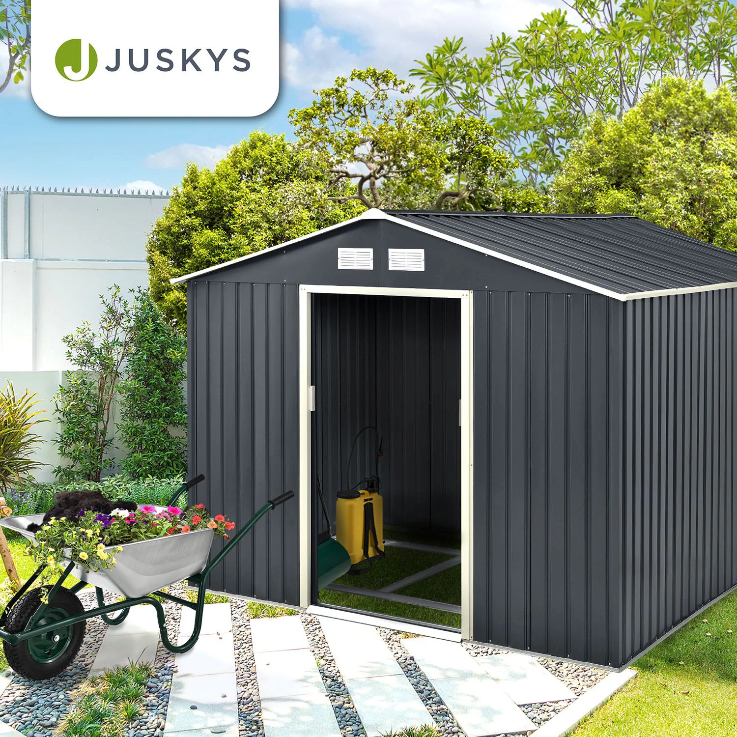 Juskys Metall Gerätehaus Geräteschuppen XXL mit Satteldach, Schiebetür & Fundament 15m³ anthrazit