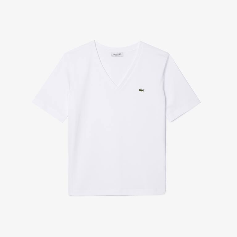 T-shirt relaxed fit en jersey de coton doux col V T-Shirts - Blanc - Lacoste - Femme