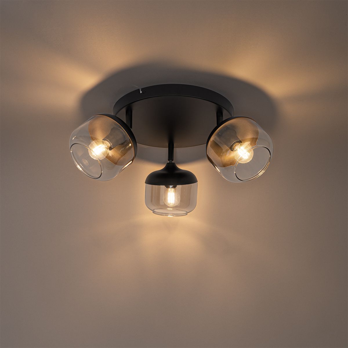 Design spot zwart met goud en smoke glas 3-lichts rond - Kyan