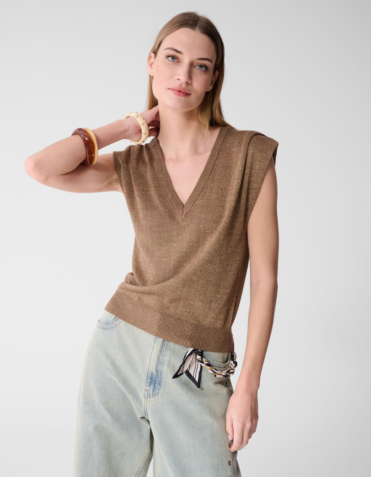 Glitter V-Neck Top Bruin