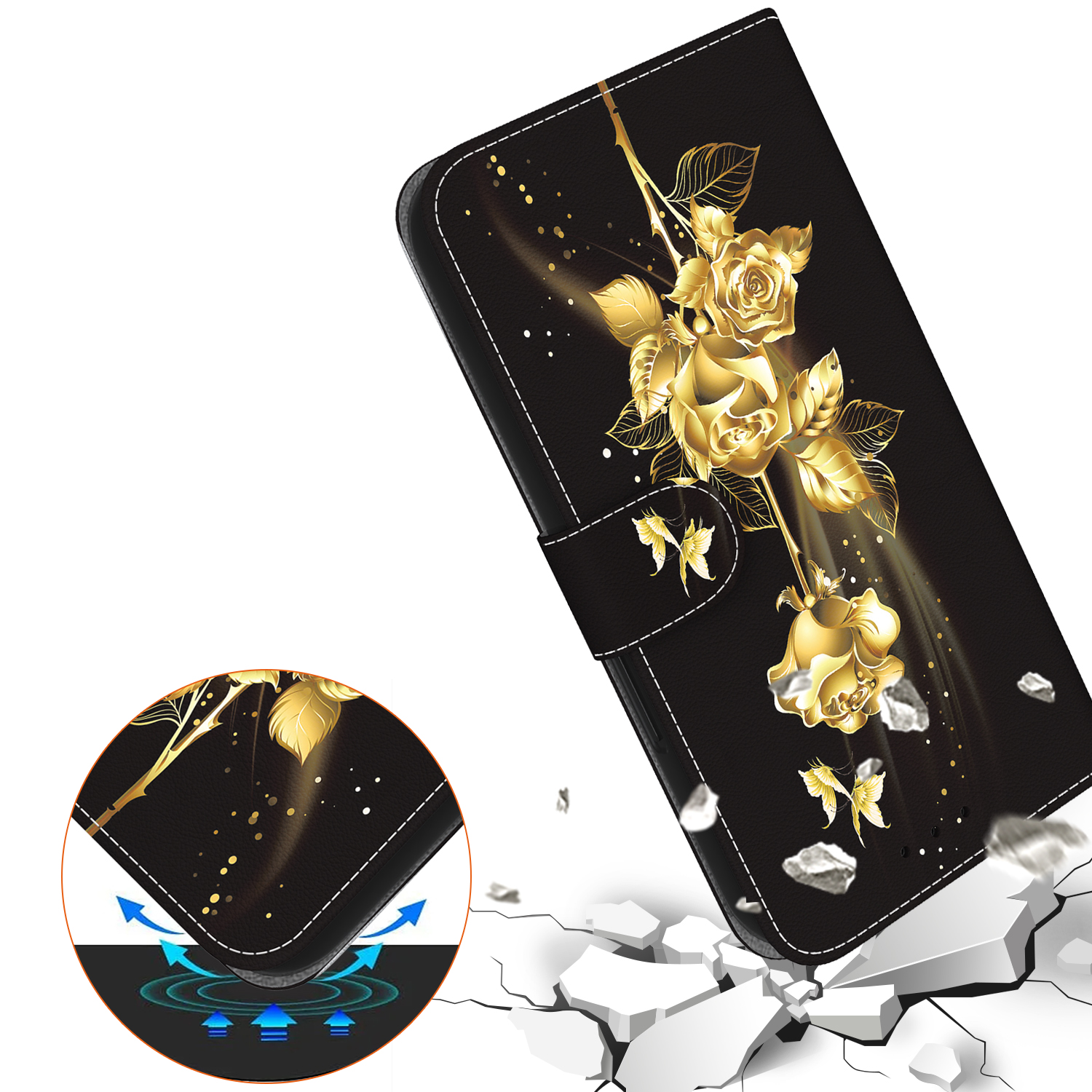 Samsung Galaxy S24 FE Leder Tasche mit Kartenfach   Handschlaufe - Goldene Rosen