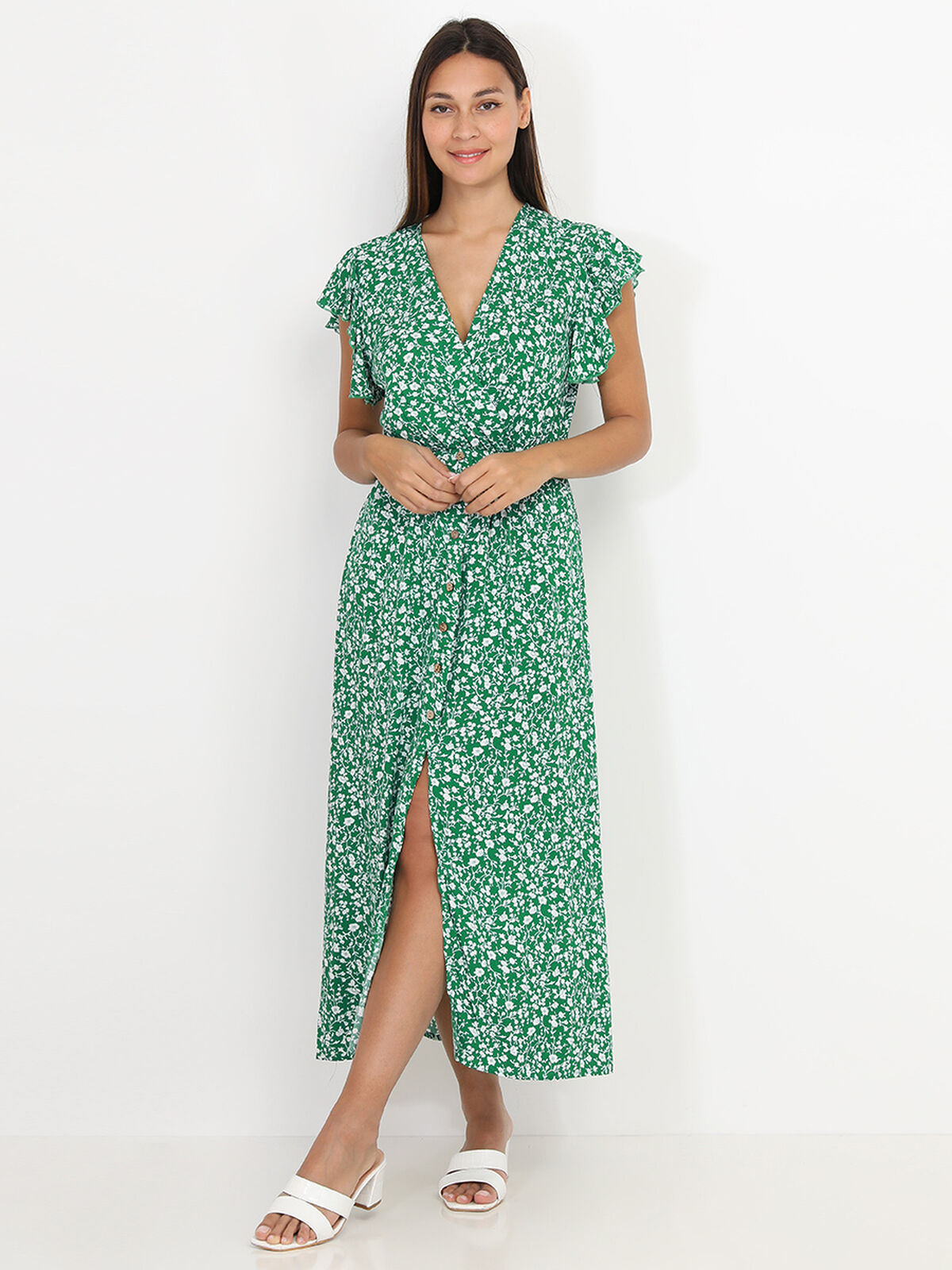 Robe longue fendue à fleurs et volants- Vert