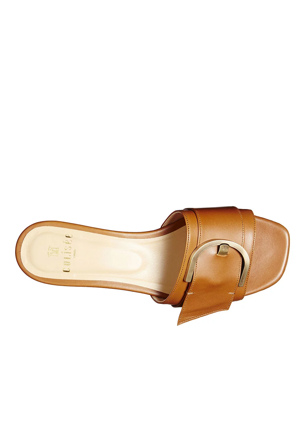 MULE PLATE BOUCLE CUIR CAMEL