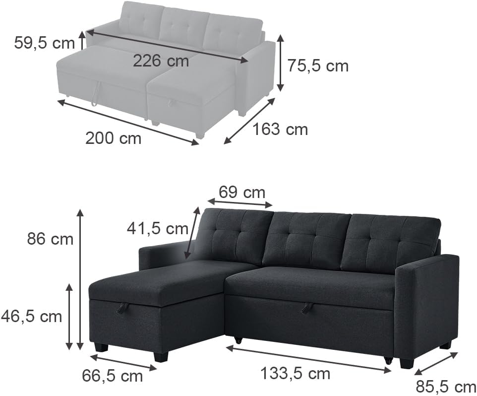 Ecksofa Campina, Schlafsofa mit Bettkasten, Anthrazit, 226 x 86 cm L-Form